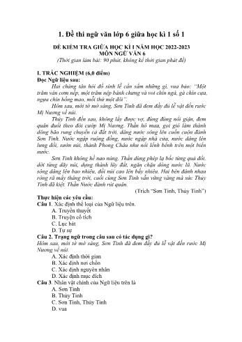 Đề thi giữa học kì I môn Ngữ văn Lớp 6 Sách Chân trời sáng tạo - Năm học 2022-2023 (Có đáp án)