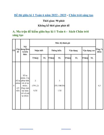 Đề thi giữa kì 1 môn Toán học Lớp 6 Sách Chân trời sáng tạo - Năm học 2022-2023 (Có đáp án)