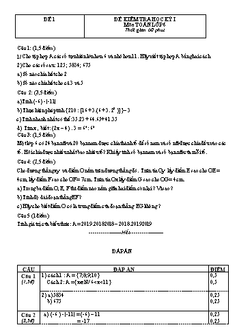 Tuyển tập 10 đề kiểm tra học kỳ I môn Toán học Lớp 6 (Có đáp án)