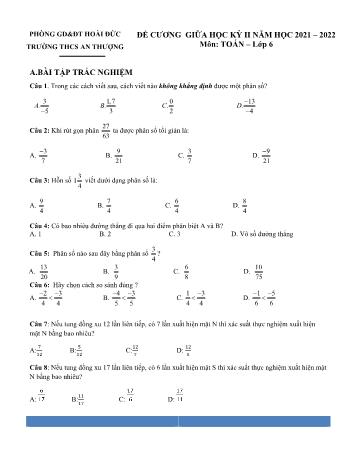 Đề cương giữa học kỳ II môn Toán học Lớp 6 - Năm học 2021-2022 - Trường THCS An Thượng (Có lời giải)