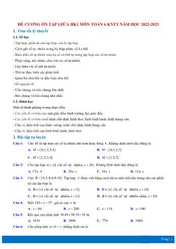 Đề cương ôn tập giữa học kì I môn Toán học Lớp 6 Sách Kết nối tri thức - Năm học 2022-2023 (Có đáp án)