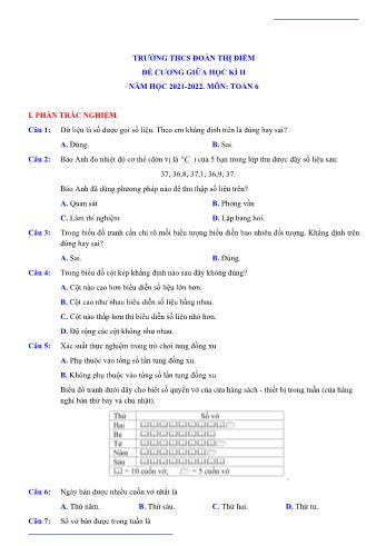 Đề cương ôn tập giữa học kì II môn Toán học Lớp 6 - Năm học 2021-2022 - Trường THCS Đoàn Thị Điểm (Có lời giải)