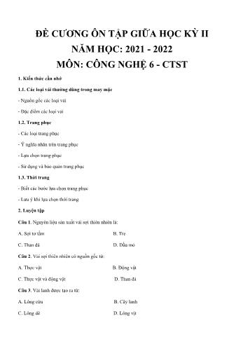 Đề cương ôn tập giữa học kỳ II môn Công nghệ Lớp 6 Sách Chân trời sáng tạo - Năm học 2021-2022 (Có đáp án)