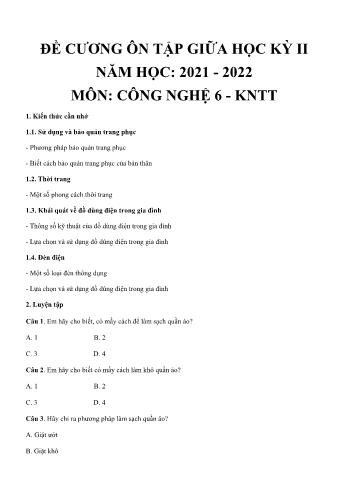 Đề cương ôn tập giữa học kỳ II môn Công nghệ Lớp 6 Sách Kết nối tri thức - Năm học 2021-2022 (Có đáp án)