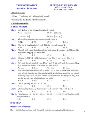 Đề cương ôn tập giữa kì I môn Toán học Lớp 6 - Năm học 2021-2022 - Trường THCS&THPT Nguyễn Tất Thành (Có lời giải)