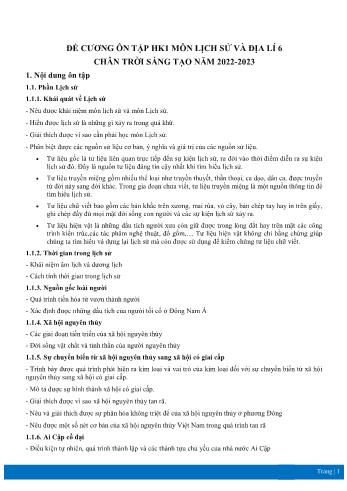 Đề cương ôn tập học kì 1 môn Lịch sử và Địa lí Lớp 6 Sách Chân trời sáng tạo - Năm học 2022-2023 (Có đáp án)