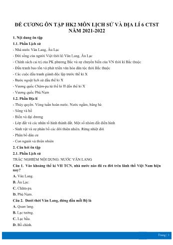 Đề cương ôn tập học kì 2 môn Lịch sử và Địa lí Lớp 6 Sách Chân trời sáng tạo - Năm học 2021-2022 (Có đáp án)