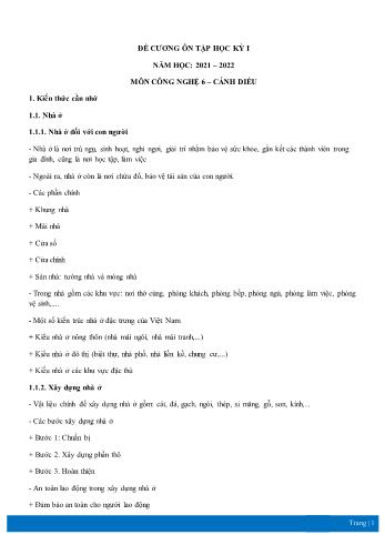 Đề cương ôn tập học kỳ I môn Công nghệ Lớp 6 Sách Cánh diều - Năm học 2021-2022 (Có đáp án)