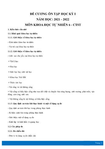 Đề cương ôn tập học kỳ I môn Khoa học tự nhiên Lớp 6 Sách Chân trời sáng tạo - Năm học 2021-2022 (Có đáp án)