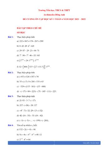 Đề cương ôn tập học kỳ I môn Toán học Lớp 6 - Năm học 2021-2022 - Trường Tiểu học, THCS & THPT Archimedes Đông Anh