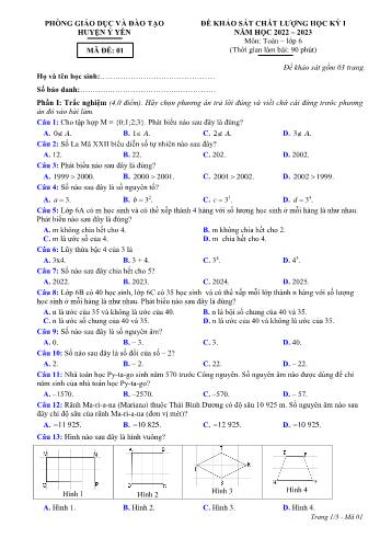 Đề khảo sát chất lượng học kỳ I môn Toán học Lớp 6 - Năm học 2022-2023 - Phòng GD&ĐT Ý Yên (Có đáp án)