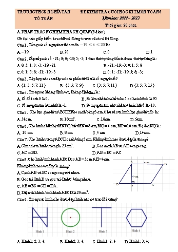 Đề kiểm tra cuối học kì I môn Toán học Lớp 6 - Năm học 2022-2023 - Trường THCS Nghĩa Tân (Có đáp án)