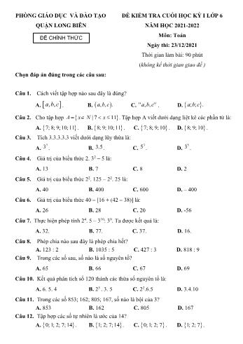 Đề kiểm tra cuối học kỳ I môn Toán học Lớp 6 - Năm học 2021-2022 - Phòng GD&ĐT Quận Long Biên (Có đáp án)