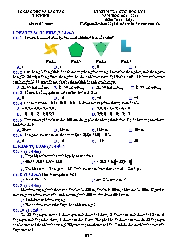 Đề kiểm tra cuối học kỳ I môn Toán học Lớp 6 - Năm học 2021-2022 - Sở GD&ĐT Bắc Ninh (Có đáp án)