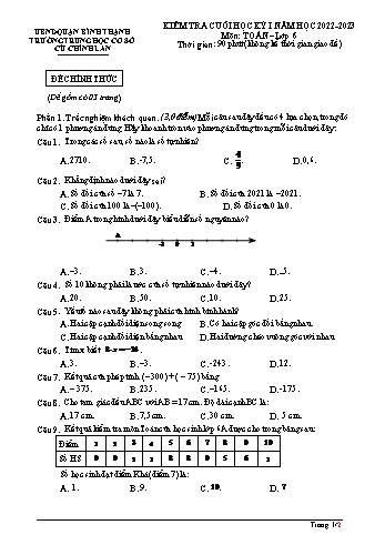 Đề kiểm tra cuối học kỳ I môn Toán học Lớp 6 - Năm học 2022-2023 - Trường THCS Cù Chính Lan (Có đáp án)
