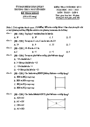 Đề kiểm tra cuối học kỳ I môn Toán học Lớp 6 - Năm học 2022-2023 - Trường THCS Nguyễn Hiền (Có đáp án)