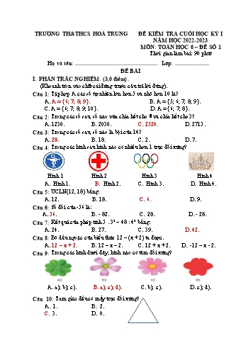 Đề kiểm tra cuối học kỳ I môn Toán học Lớp 6 - Năm học 2022-2023 - Trường TH&THCS Hoa Trung