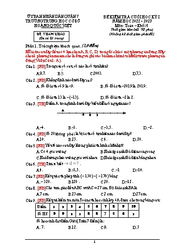 Đề kiểm tra cuối học kỳ I môn Toán học Lớp 6 - Năm học 2022-2023 - Trường THCS Hoàng Quốc Việt (Có đáp án)