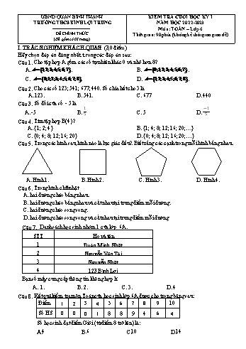 Đề kiểm tra cuối học kỳ I môn Toán học Lớp 6 - Năm học 2022-2023 - Trường THCS Bình Lợi Trung (Có đáp án)