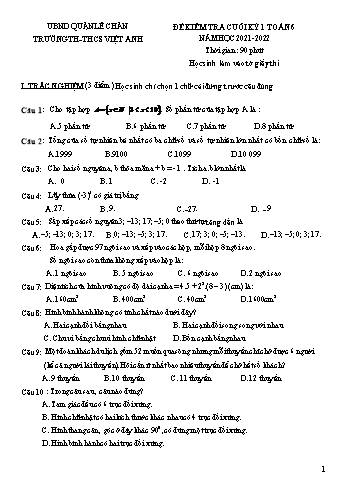 Đề kiểm tra cuối kỳ 1 môn Toán học Lớp 6 - Năm học 2021-2022 - Trường TH-THCS Việt Anh (Có đáp án)