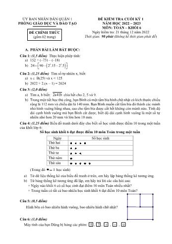 Đề kiểm tra cuối kỳ I môn Toán học Lớp 6 - Năm học 2022-2023 - Phòng GD&ĐT Quận 1