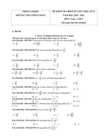 Đề kiểm tra định kỳ giữa học kỳ II môn Toán học Lớp 6 - Năm học 2022-2023 - Trường THCS Hồng Bàng (Có đáp án)