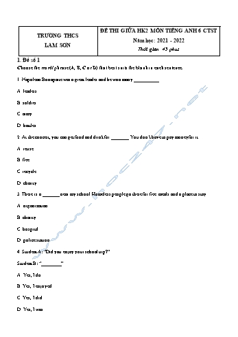 Đề kiểm tra giữa học kì 2 môn Tiếng Anh Lớp 6 Sách Chân trời sáng tạo - Năm học 2021-2022 - Trường THCS Lam Sơn (Có đáp án)