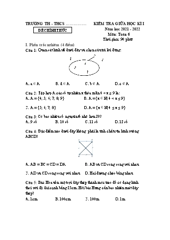 Đề kiểm tra giữa học kì I môn Toán học Lớp 6 - Năm học 2021-2022 (Có đáp án)
