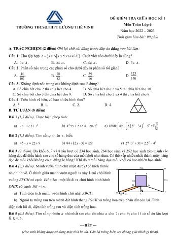 Đề kiểm tra giữa học kì I môn Toán học Lớp 6 - Năm học 2022-2023 - Trường THCS&THPT Lương Thế Vinh (Có đáp án)