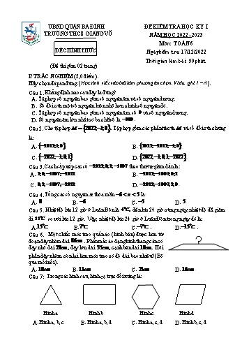 Đề kiểm tra học kỳ I môn Toán học Lớp 6 - Năm học 2022-2023 - Trường THCS Giảng Võ (Có đáp án)