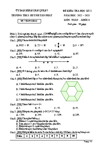 Đề kiểm tra học kỳ I môn Toán học Lớp 6 - Năm học 2022-2023 - Trường THCS Huỳnh Tấn Phát (Có đáp án)
