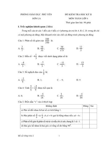 Đề kiểm tra học kỳ II môn Toán học Lớp 6 - Phòng GD&ĐT Phù Yên