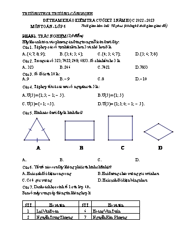 Đề tham khảo kiểm tra cuối kỳ I môn Toán học Lớp 6 - Năm học 2022-2023 - Trường THCS Trương Công Định (Có đáp án)
