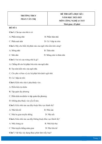 Đề thi giữa học kì 1 môn Công nghệ Lớp 6 Sách Chân trời sáng tạo - Năm học 2022-2023 - Trường THCS Phan Văn Trị (Có đáp án)