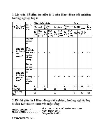 Đề thi giữa học kì 1 môn Hoạt động trải nghiệm hướng nghiệp Lớp 6 Sách Kết nối tri thức (Có đáp án)