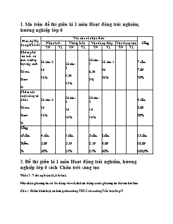 Đề thi giữa học kì 1 môn Hoạt động trải nghiệm, hướng nghiệp Lớp 6 Sách Chân trời sáng tạo (Có đáp án)