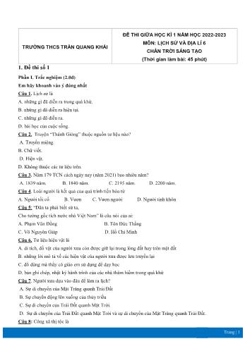 Đề thi giữa học kì 1 môn Lịch sử và Địa lí Lớp 6 Sách Chân trời sáng tạo - Năm học 2022-2023 - Trường THCS Trần Quang Khải (Có đáp án)