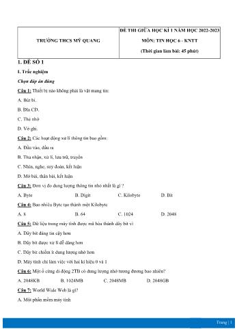 Đề thi giữa học kì 1 môn Tin học Lớp 6 Sách Kết nối tri thức - Năm học 2022-2023 - Trường THCS Mỹ Quang (Có đáp án)