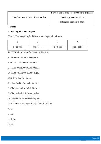 Đề thi giữa học kì 1 môn Tin học Lớp 6 Sách Kết nối tri thức - Năm học 2022-2023 - Trường THCS Nguyễn Nghiêm (Có đáp án)