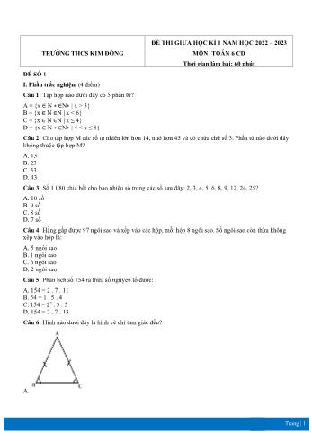 Đề thi giữa học kì 1 môn Toán học Lớp 6 Sách Cánh diều - Năm học 2022-2023 - Trường THCS Kim Đồng (Có đáp án)