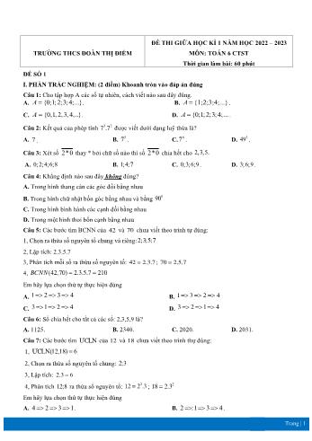Đề thi giữa học kì 1 môn Toán học Lớp 6 Sách Chân trời sáng tạo - Năm học 2022-2023 - Trường THCS Đoàn Thị Điểm (Có đáp án)