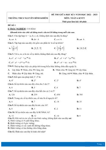 Đề thi giữa học kì 1 môn Toán học Lớp 6 Sách Kết nối tri thức - Năm học 2022-2023 - Trường THCS Nguyễn Bỉnh Khiêm (Có đáp án)