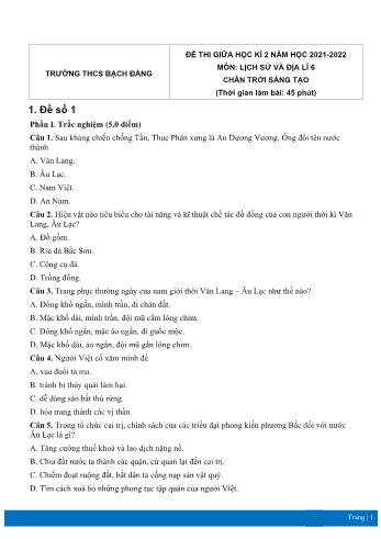 Đề thi giữa học kì 2 môn Lịch sử và Địa lí Lớp 6 Sách Chân trời sáng tạo - Năm học 2021-2022 - Trường THCS Bạch Đằng (Có đáp án)