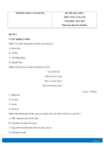 Đề thi giữa học kì 2 môn Ngữ văn Lớp 6 Sách Cánh diều - Năm học 2022-2023 - Trường THCS Cao Thắng (Có đáp án)