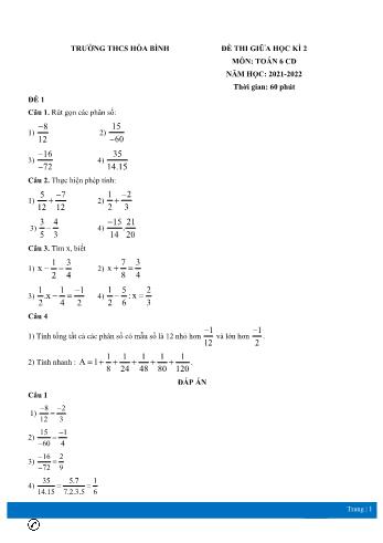 Đề thi giữa học kì 2 môn Toán học Lớp 6 Sách Cánh diều - Năm học 2021-2022 - Trường THCS Hòa Bình (Có đáp án)