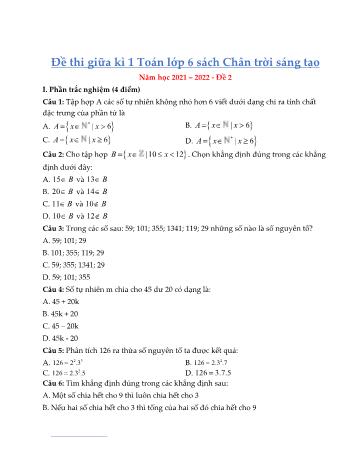 Đề thi giữa kì 1 môn Toán học Lớp 6 Sách Chân trời sáng tạo - Năm học 2021-2022 - Đề 2 (Có đáp án)