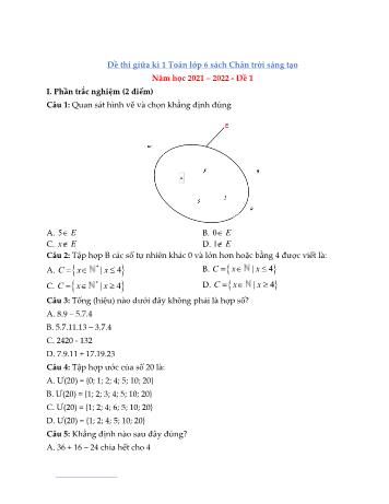 Đề thi giữa kì 1 môn Toán học Lớp 6 Sách Chân trời sáng tạo - Năm học 2021-2022 - Đề 1 (Có đáp án)