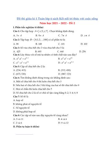 Đề thi giữa kì 1 môn Toán học Lớp 6 Sách Kết nối tri thức - Năm học 2021-2022 - Đề 2 (Có đáp án)