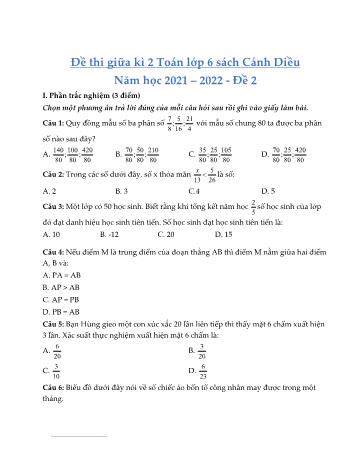 Đề thi giữa kì 2 môn Toán học Lớp 6 Sách Cánh diều - Năm học 2021-2022 - Đề 2 (Có đáp án)