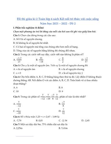 Đề thi giữa kì 2 môn Toán học Lớp 6 Sách Kết nối tri thức với cuộc sống - Năm học 2021-2022 - Đề 2 (Có đáp án)